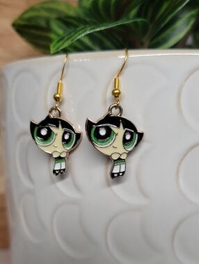 POWERPUFF GIRLS Green Blossom Cat Earrings - Cute Cartoon Cat Dangle Earrings